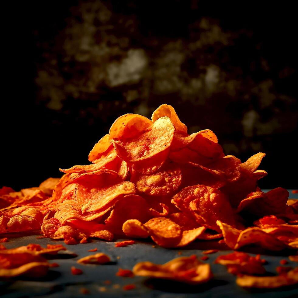 ai generativ ein hoch aufragend von lecker knusprig Kartoffel Chips auf dunkel foto