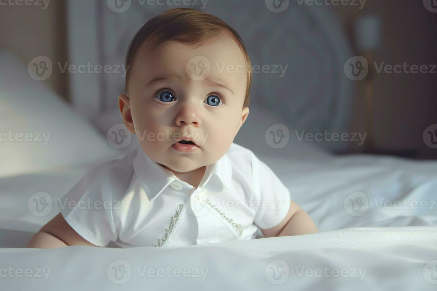 Baby tragen Bodysuit auf Bett. generieren ai foto