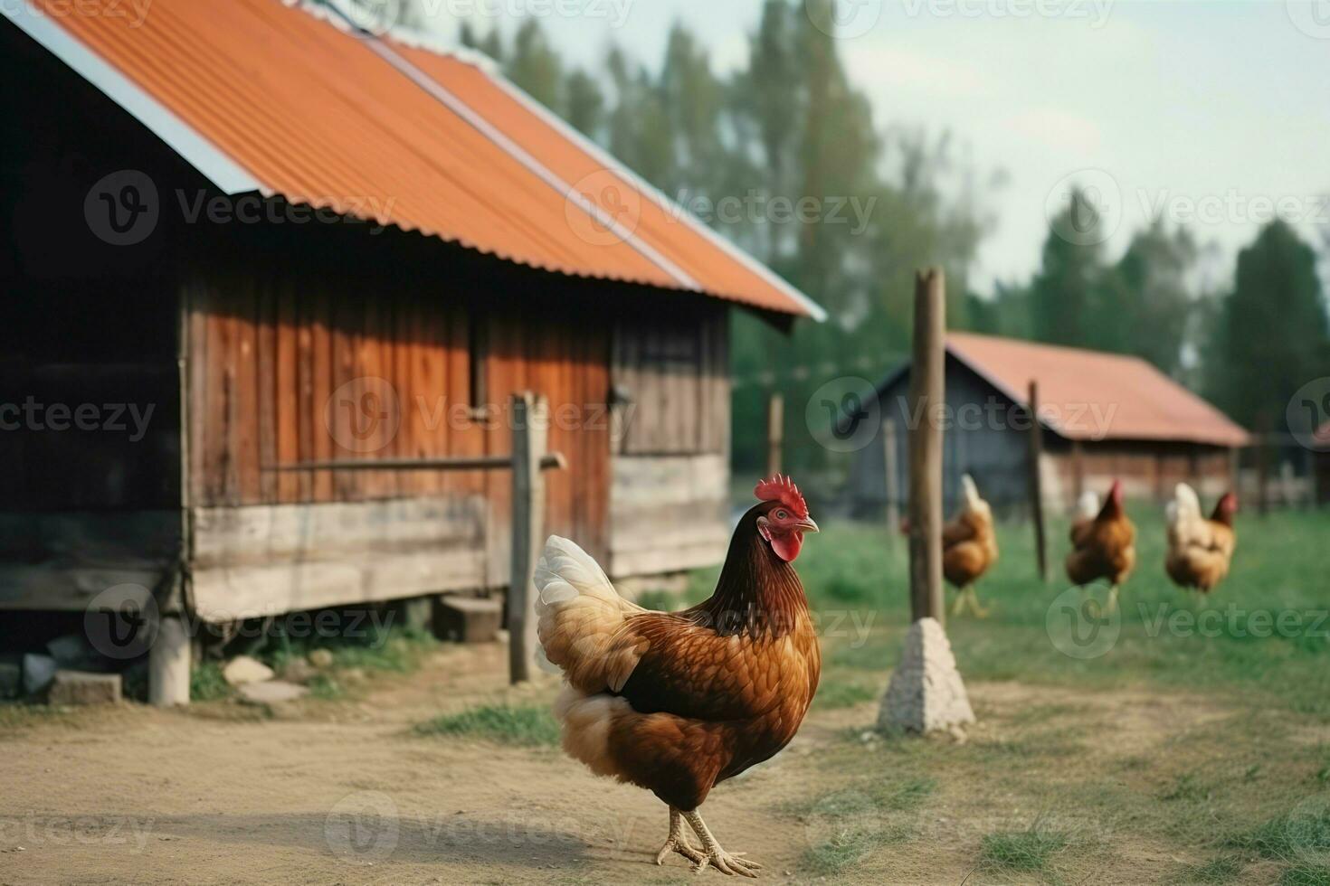 Hähnchen Landschaft Bauernhof ländlich. generieren ai foto