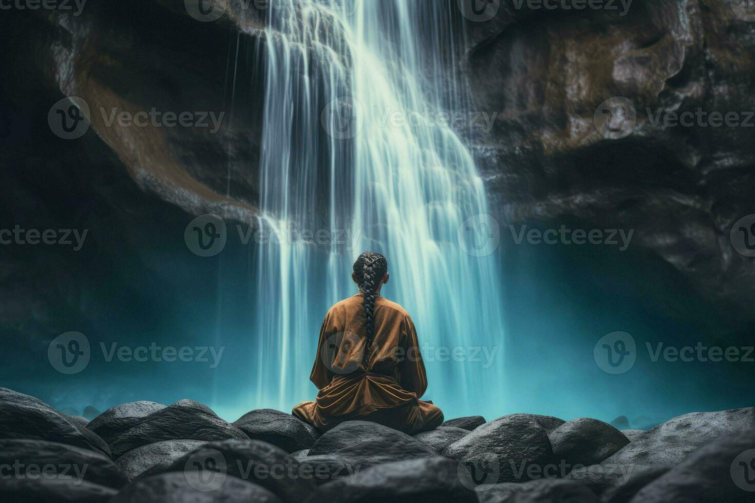 Person Meditation Wasserfall. generieren ai foto