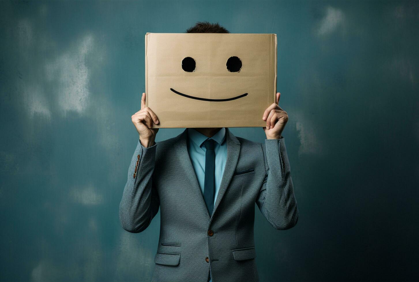 Geschäftsmann Stehen und gestikulieren mit ein Karton Box auf seine Kopf mit Smiley Gesicht ai generiert foto