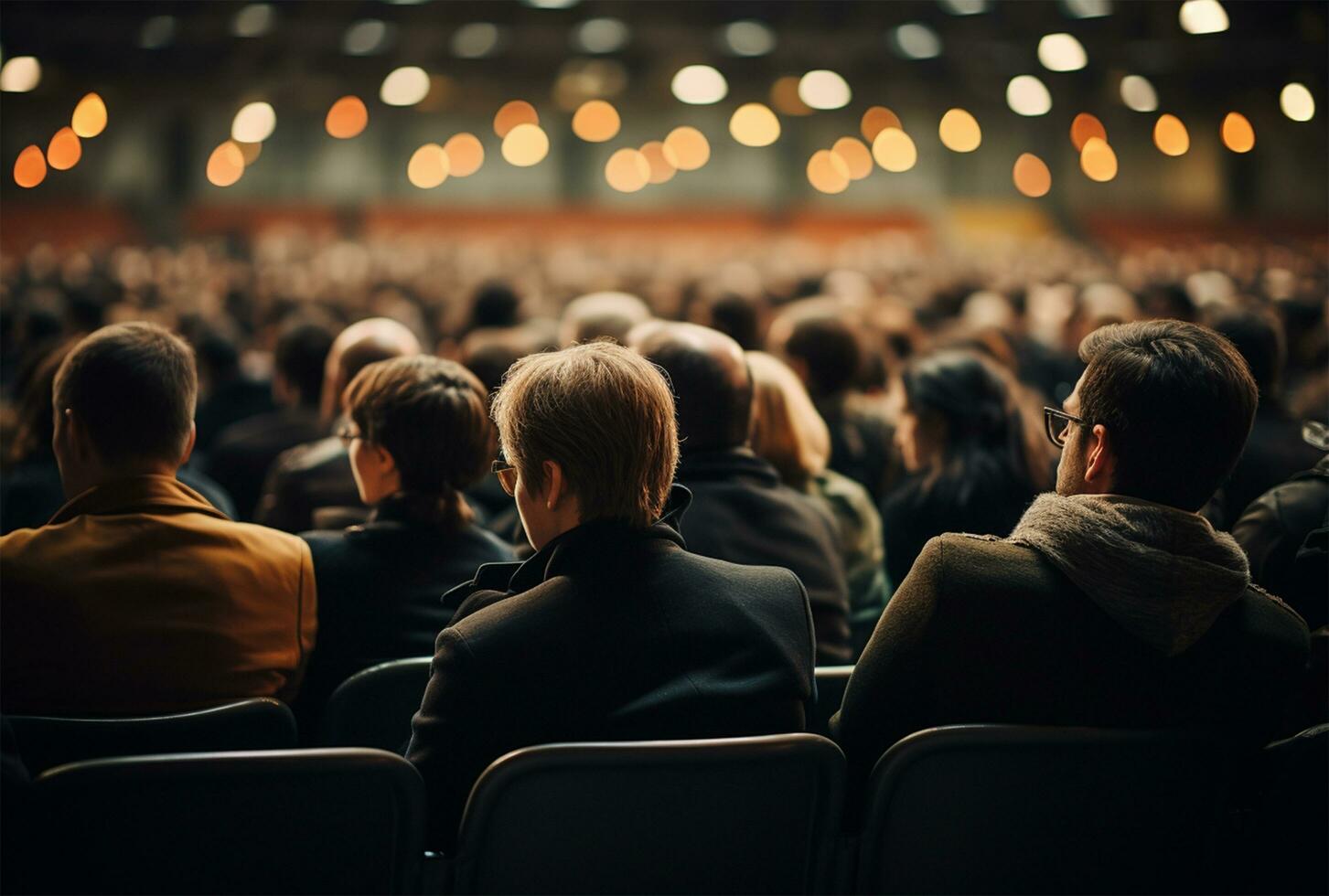 Lautsprecher beim Geschäft Konferenz und Präsentation. Publikum im das Konferenz Halle. Rückseite Aussicht von unkenntlich Menschen im Publikum ai generiert foto