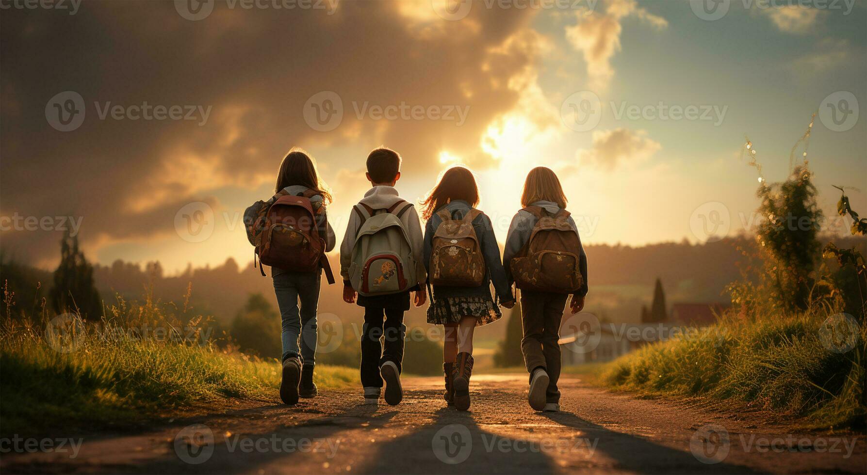 zurück Aussicht von Teenager Kind mit Rucksäcke Gehen ai generiert foto