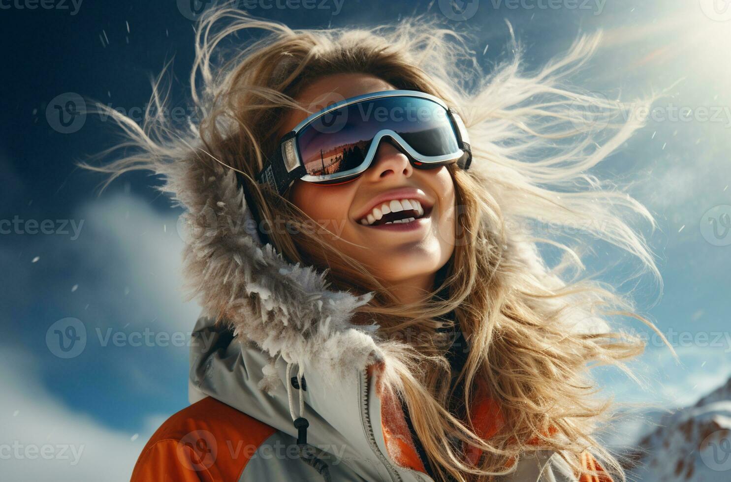 Nahansicht Porträt von ein schön Mädchen im ein Ski passen und Brille ai generiert foto
