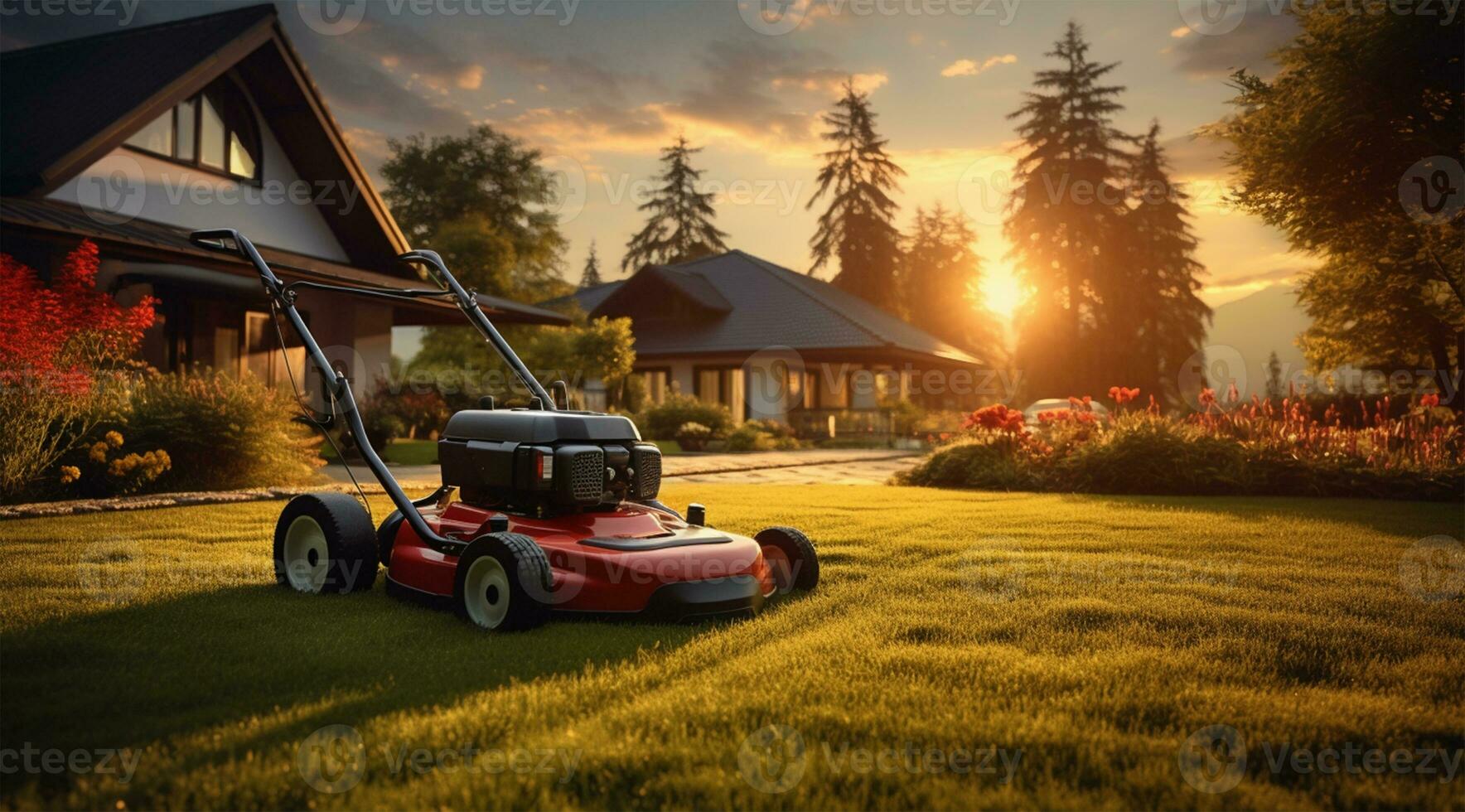 Rasen Mäher auf das Gras im das Herbst Garten. Gartenarbeit Konzept ai generiert foto