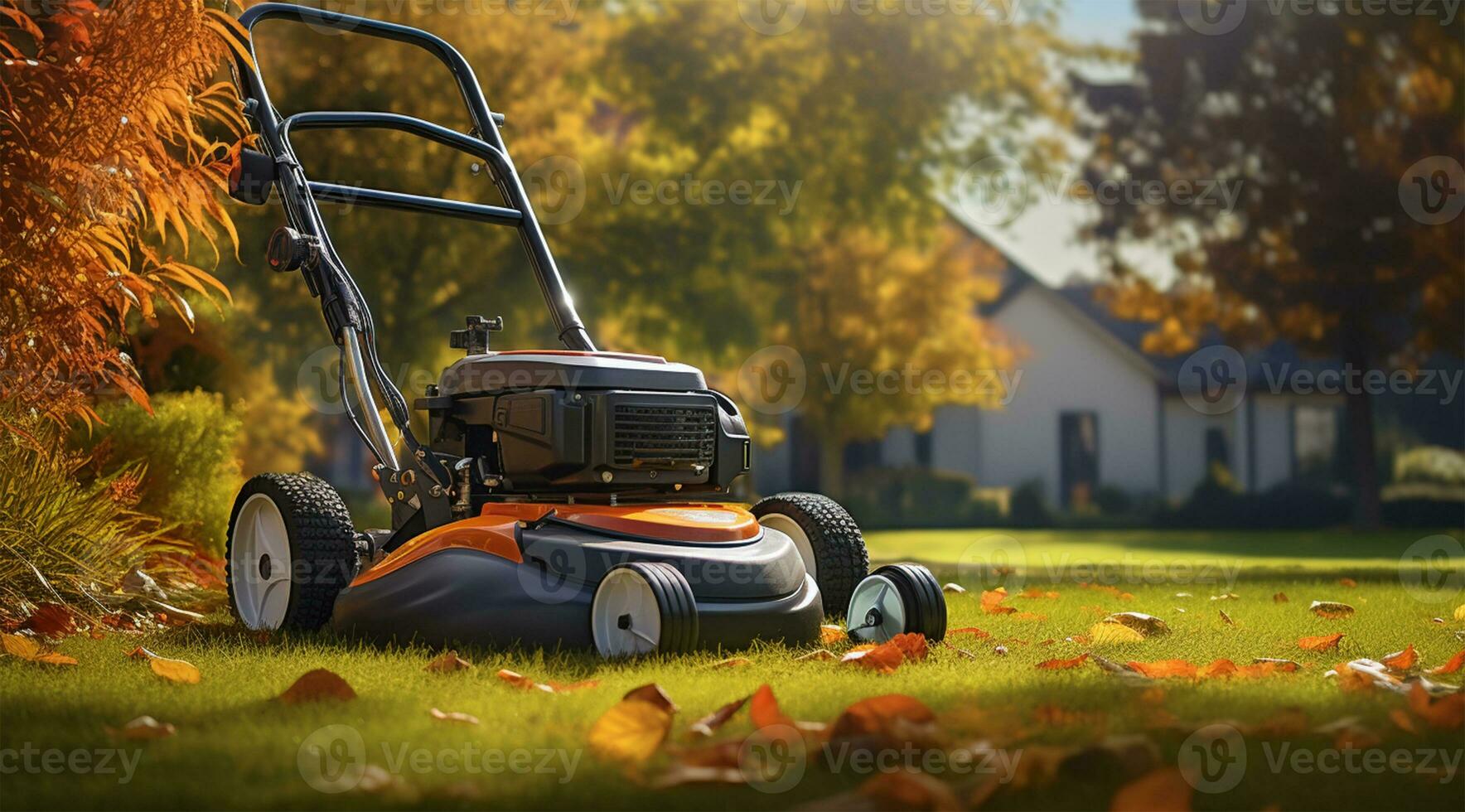 Rasen Mäher auf das Gras im das Herbst Garten. Gartenarbeit Konzept ai generiert foto