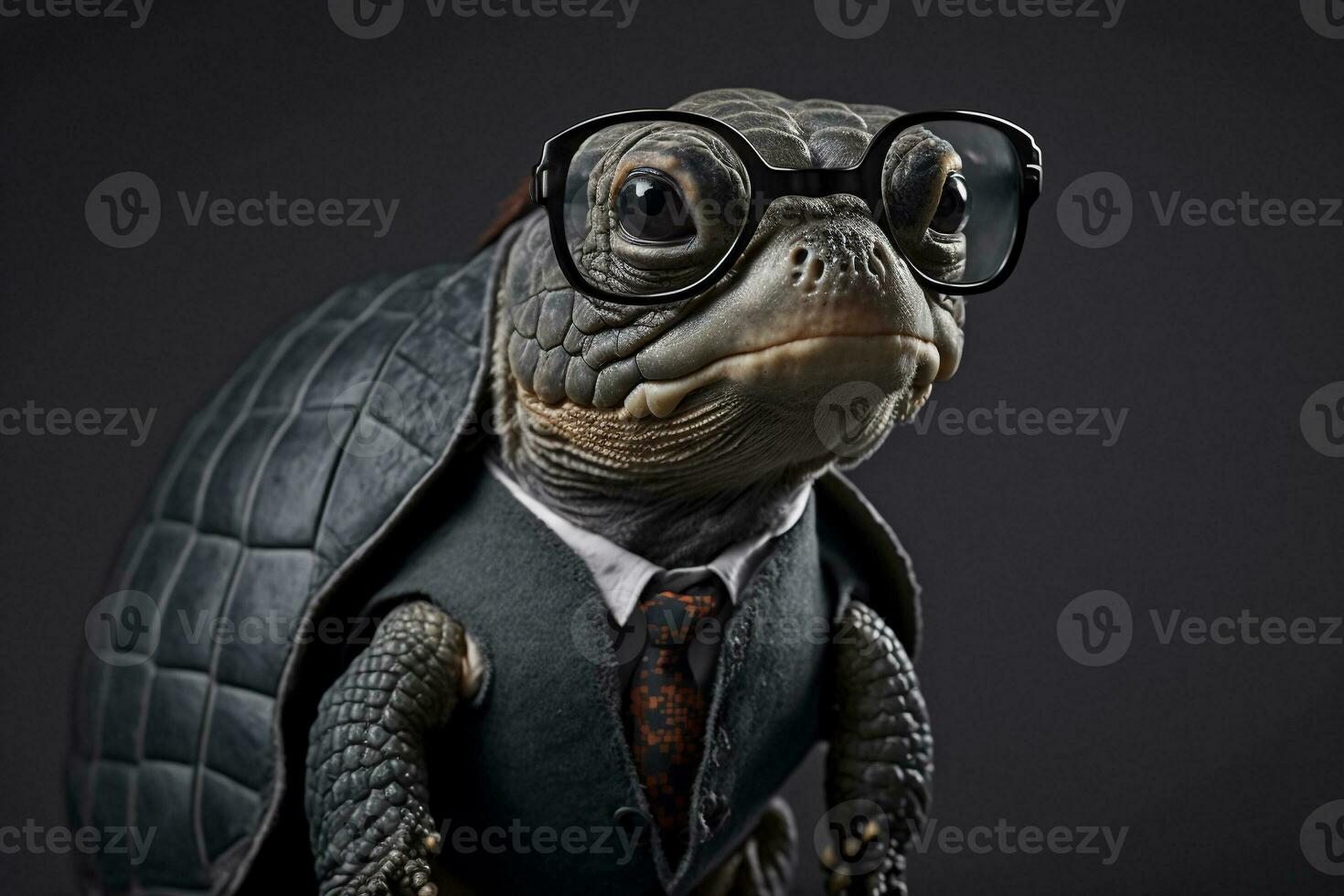 Porträt von ein Schildkröte mit Brille und ein formal Anzug, schwarz Hintergrund. generativ ai. foto