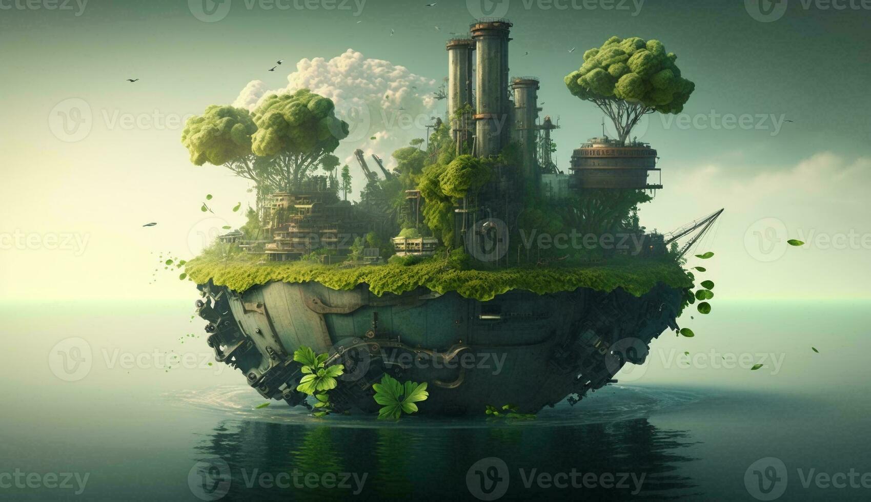 Fantasie ein alt industriell schwebend Insel verschmutzt mit Grün Energie und sicher Erde. generativ ai. foto