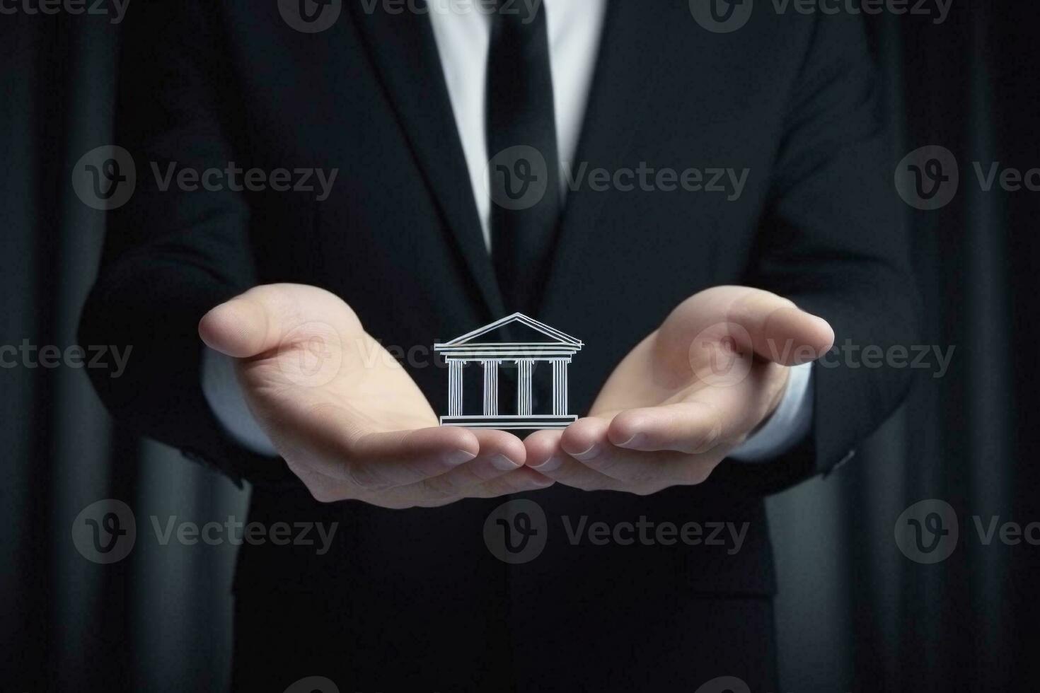 ein Bank Symbol auf ein Geschäftsleute Hand. generativ ai. foto