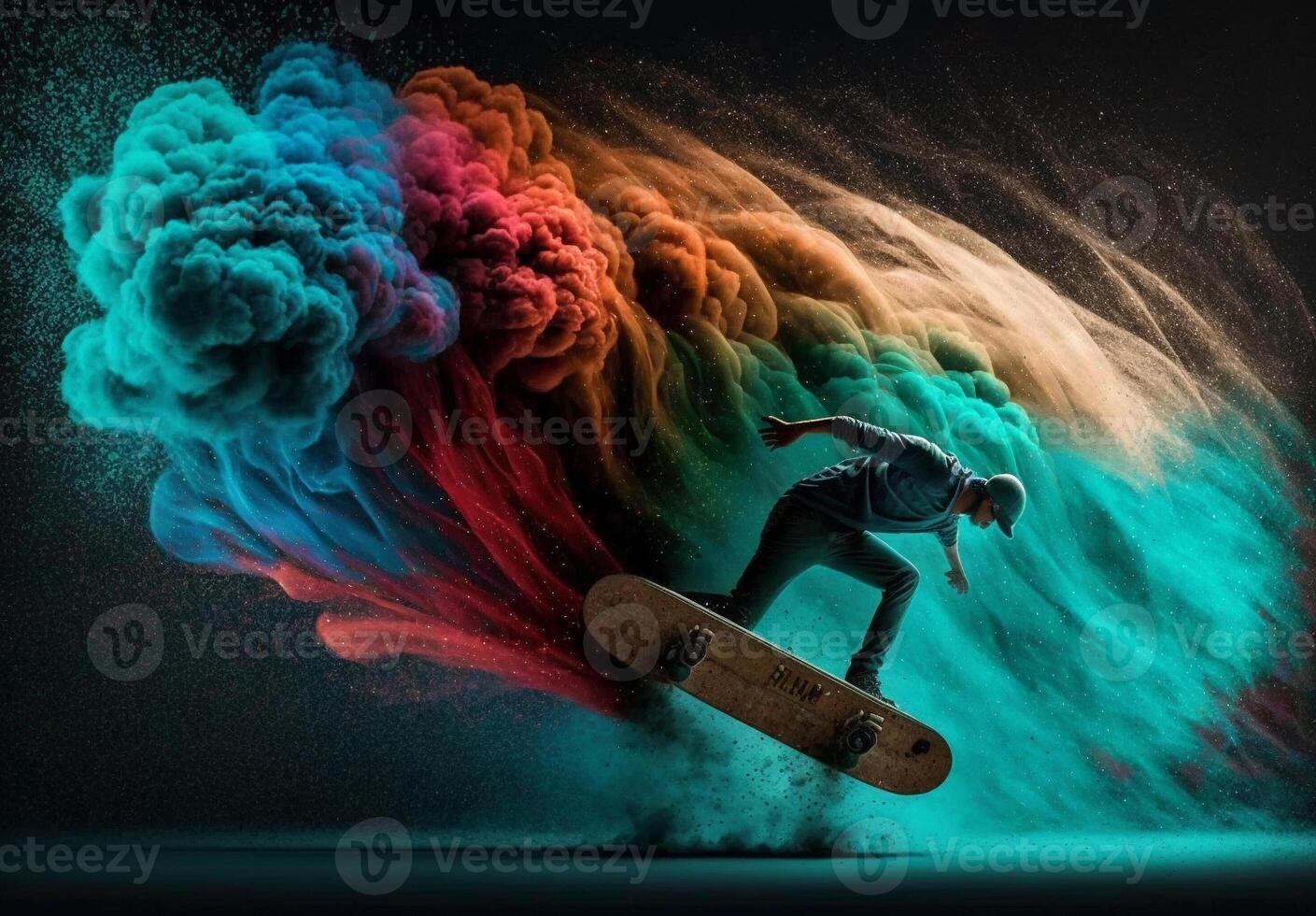 Illustration von ein Jahrgang Skateboard, bunt Rauch Staub. generativ ai. foto