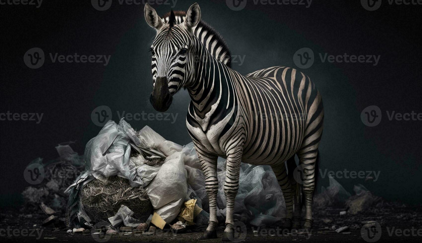 ein Zebra steht in der Nähe von ein Stapel von Plastik Abfall, Konzept von Speichern das Welt. generativ ai. foto