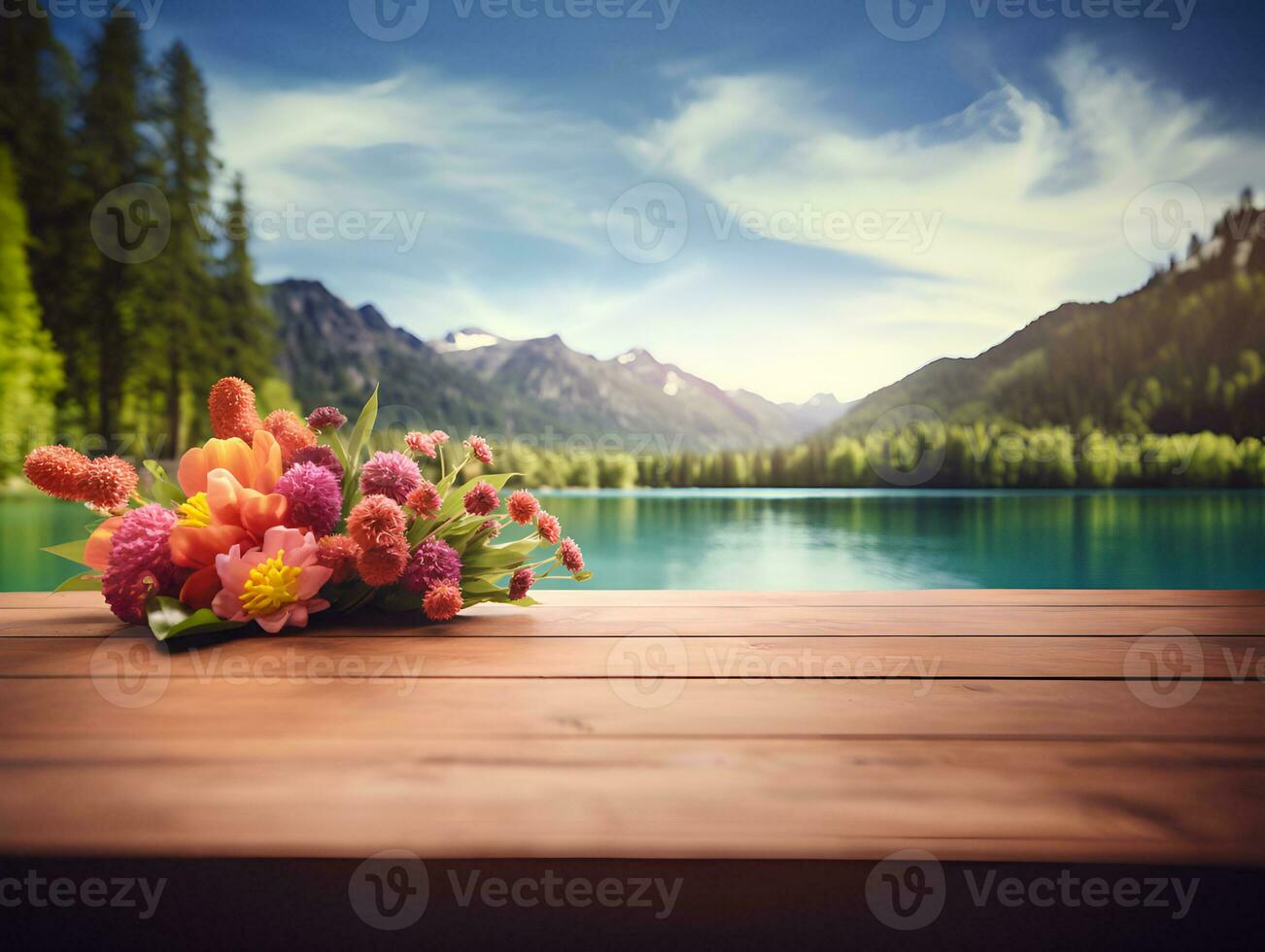 leeren hölzern Tabelle dekoriert mit bunt Blumen, verschwommen Lagune und Berg Sicht, Hintergrund, ai generativ. foto