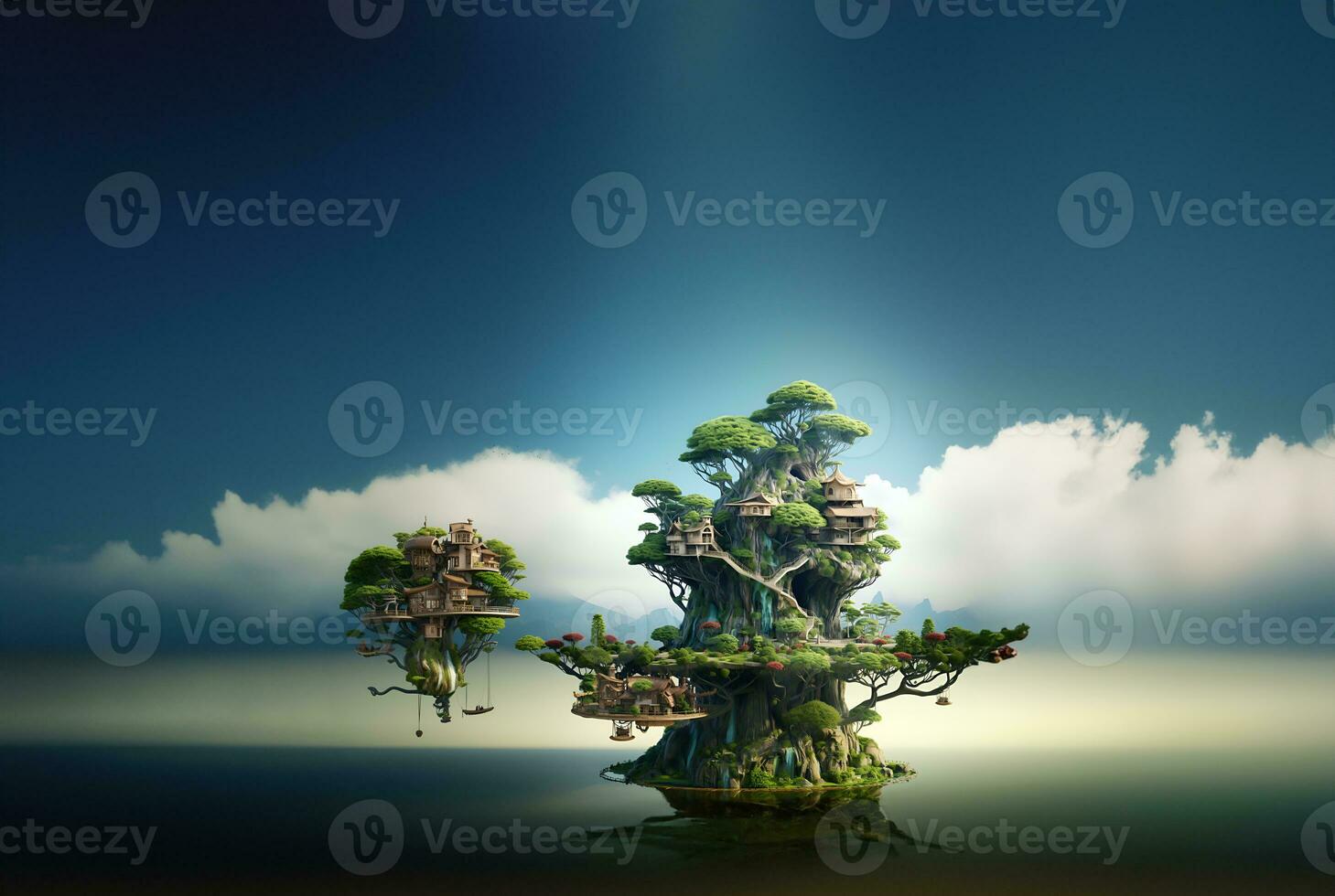Häuser und Bäume auf ein schwebend Insel auf ein hell Hintergrund. ai generativ foto