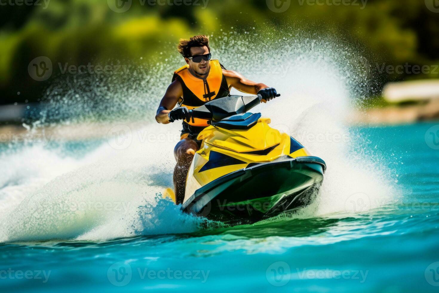 ein actiongeladen Bild mit einnehmend im spannend Wasser Sport eine solche wie Jet Skifahren. Konzept das Geist von Abenteuer und Sommer- Aufregung. generativ ai foto