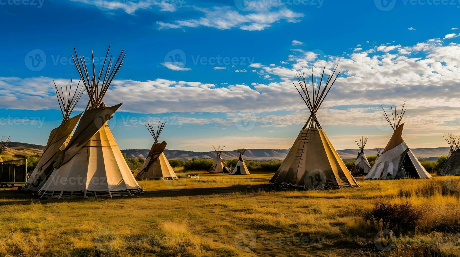 mehrere Tipis im ein Feld mit ein Blau Himmel. generativ ai foto