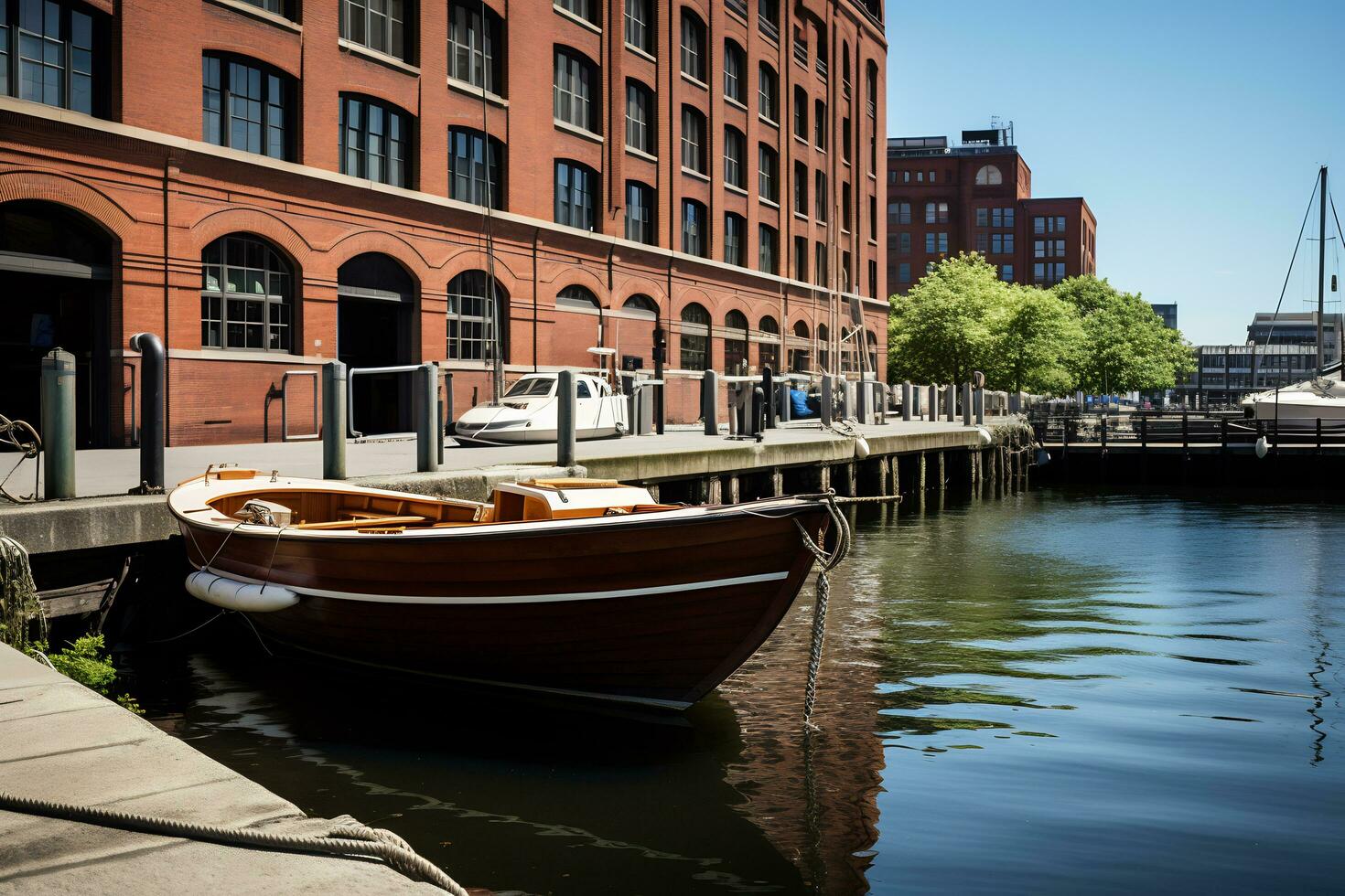 ein Boot ist angedockt im Vorderseite von Gebäude ai generativ foto