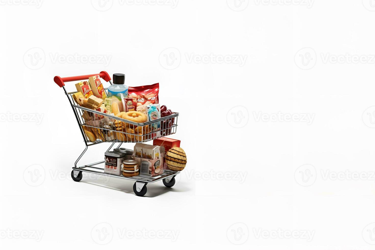 Einkaufen Wagen voll von Lebensmittel Weiß Hintergrund Kopieren Raum generativ ai foto