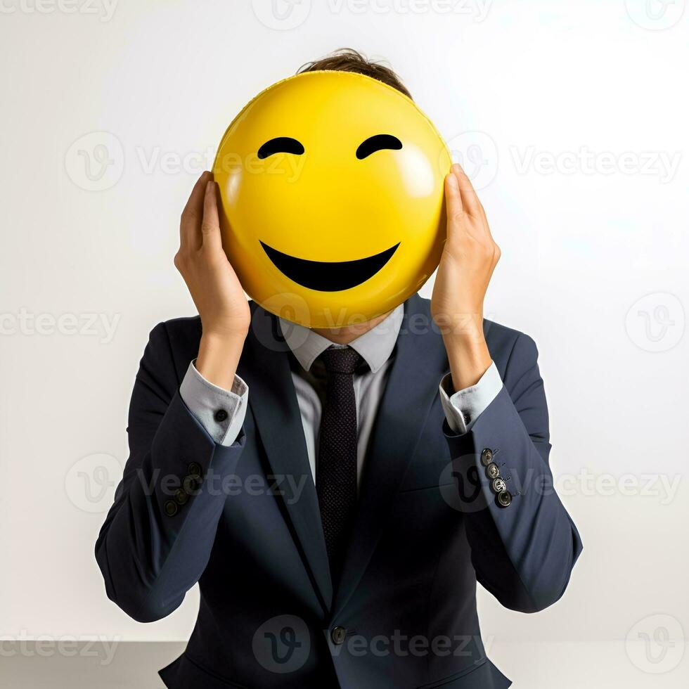 Büro Arbeiter Abdeckung Gesicht mit glücklich lächelnd Emoji auf Weiß Hintergrund, generativ ai foto