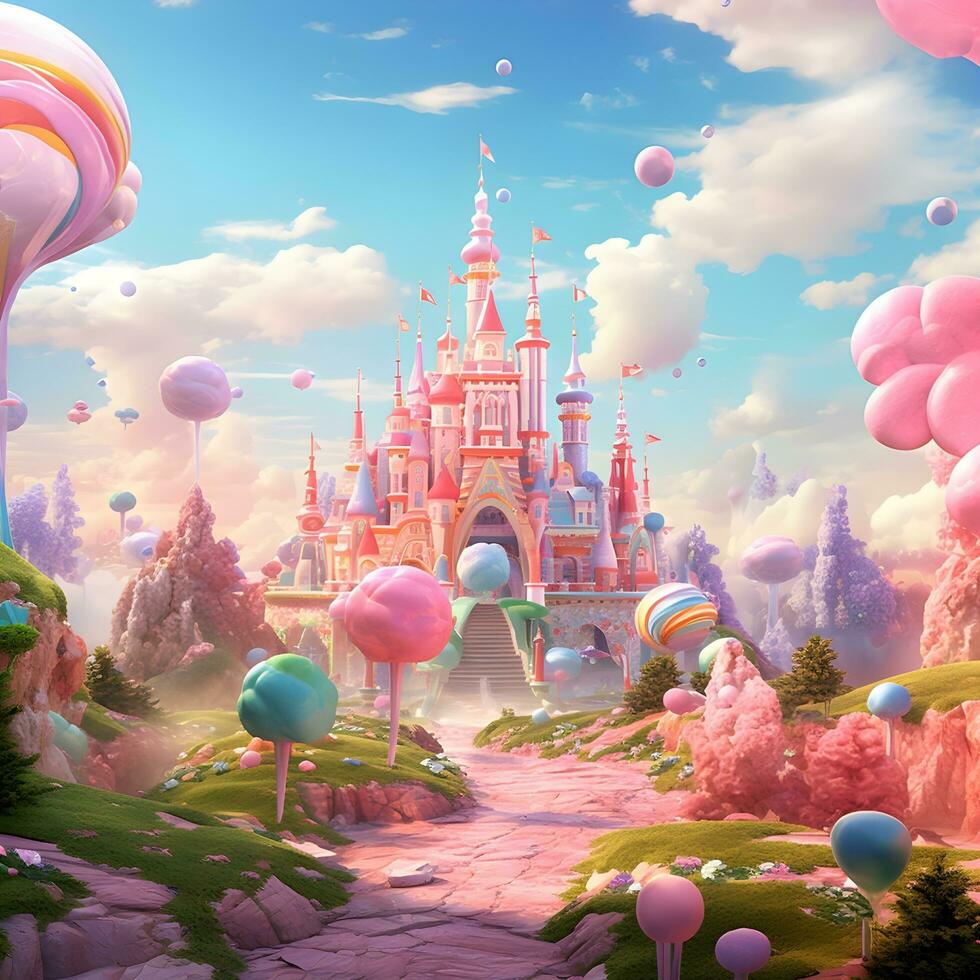 Süßigkeiten Palast im das Fantasie Welt von Königreiche und Straßen, generativ ai foto