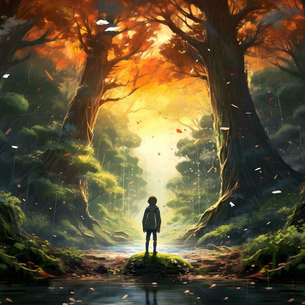 Wald Landschaft mit japanisch Stil Animation, ai generativ foto