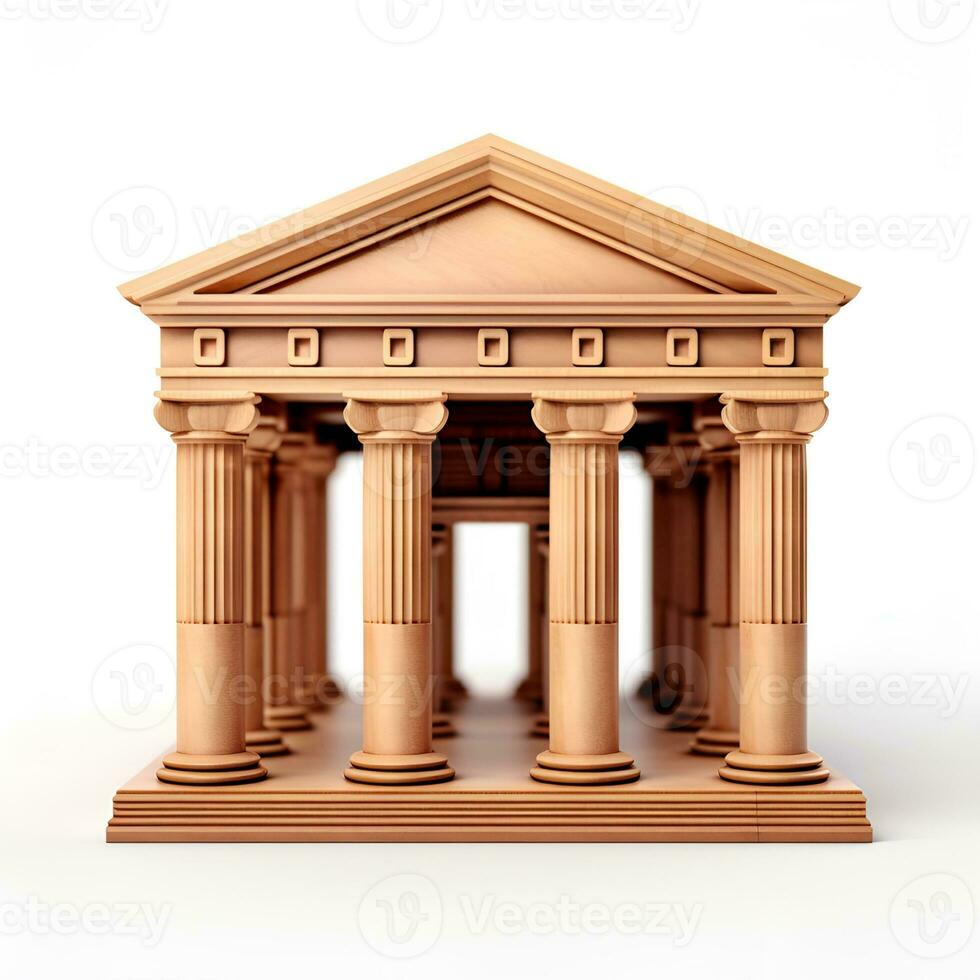 Bank Gebäude Symbol gemacht von Miniatur Holz auf Weiß Hintergrund, ai generativ foto