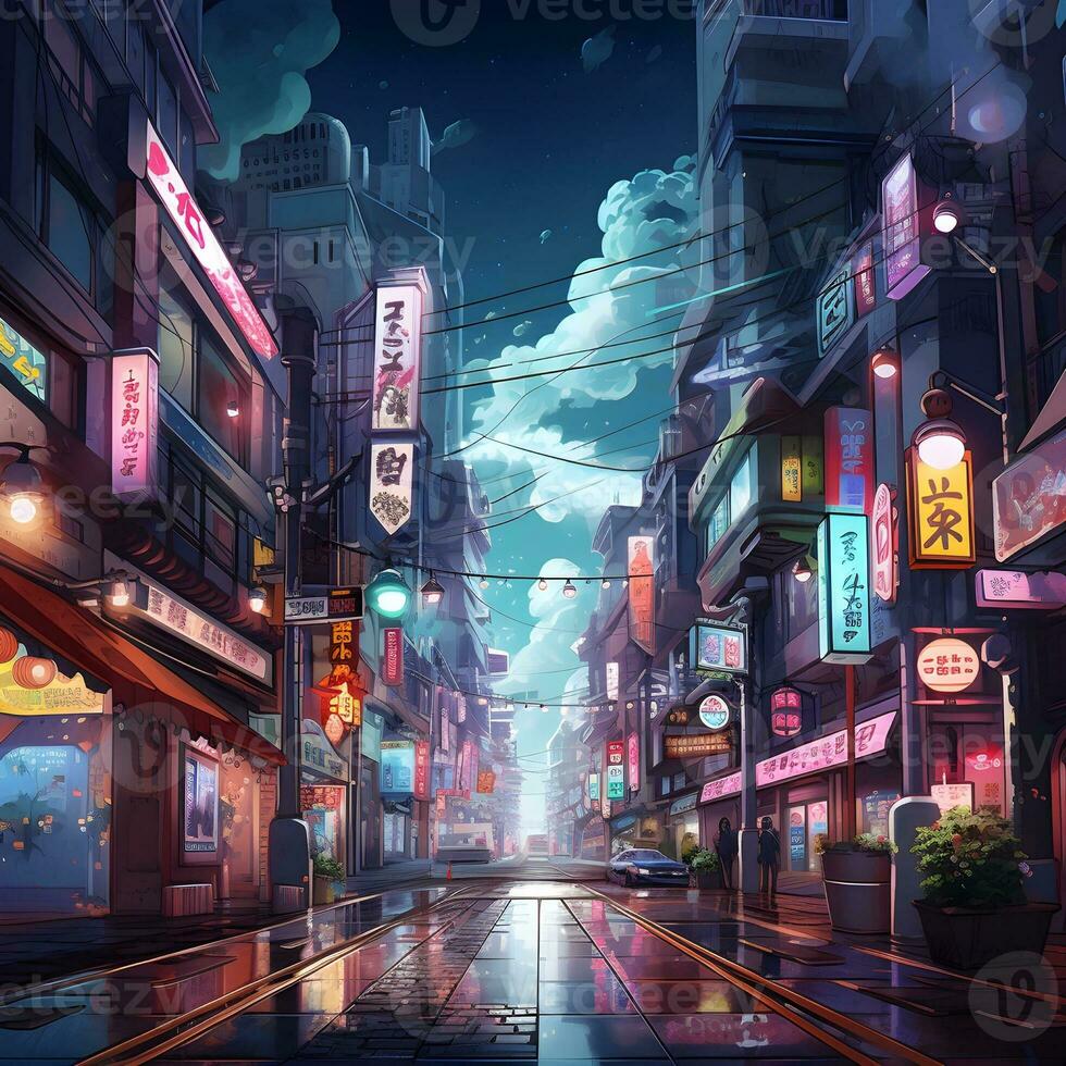 japanisch Stadt Animation beim Nacht, ai generativ foto