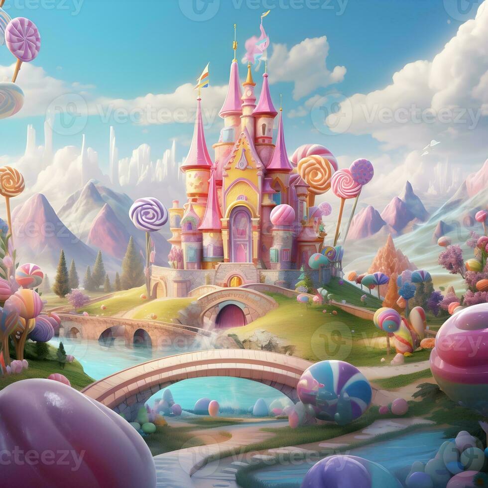 Fantasie Süßigkeiten Welt und Schloss, generativ ai foto