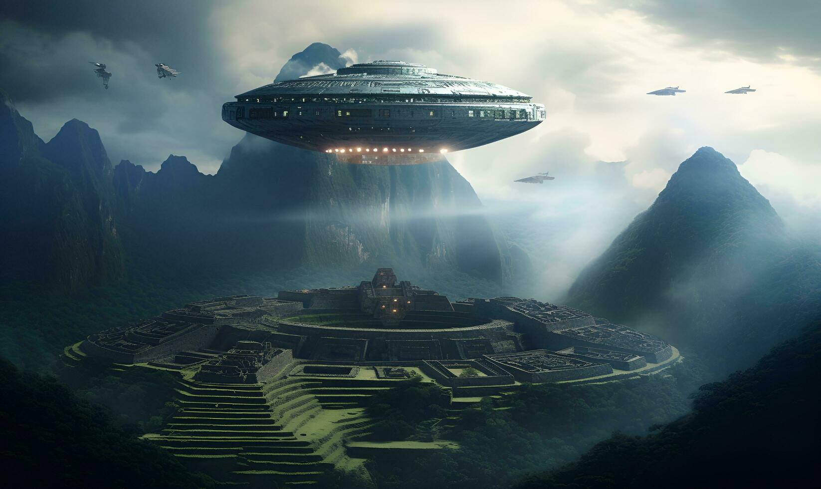 UFO fliegend Über prähistorisch Gebäude, ai generativ foto