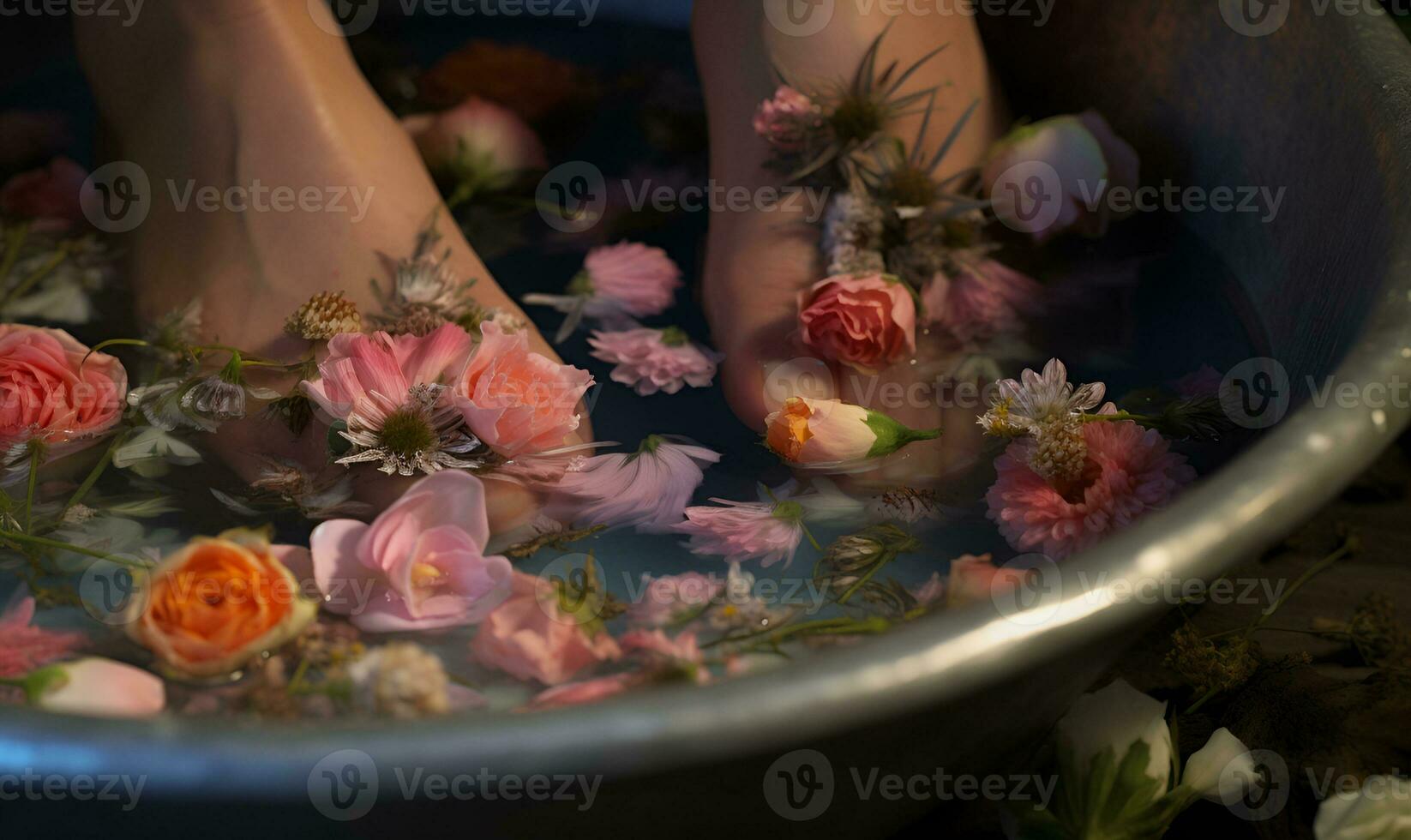 Frau Einweichen Füße im Blume Wasser, ai generativ foto