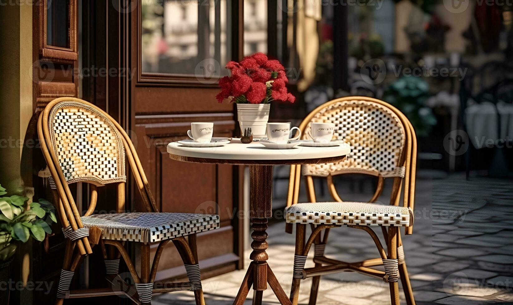 typisch europäisch Straßenrand Cafe Tabellen und Stühle, ai generativ foto