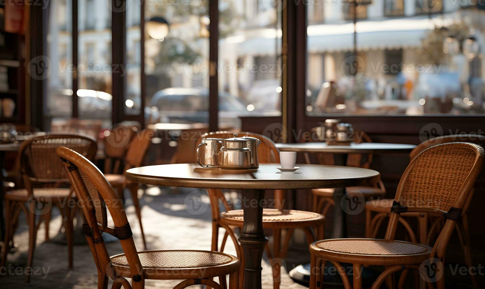 typisch europäisch Straßenrand Cafe Tabellen und Stühle, ai generativ foto