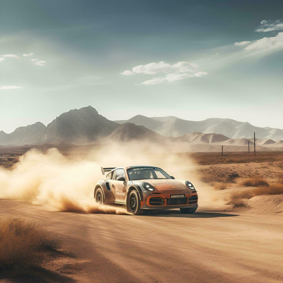 Rallye Auto auf staubig Wüste Straße, ai generativ foto