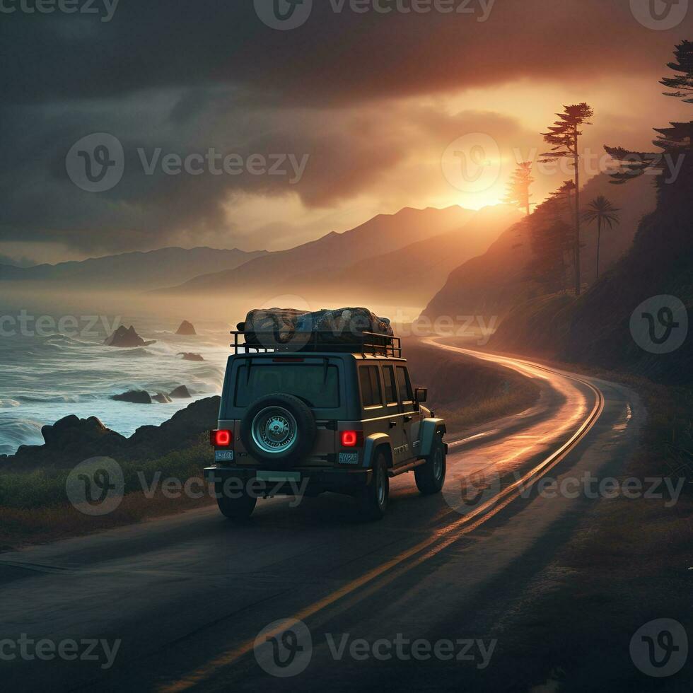 Reise Auto auf ein ruhig Straße durch das Meer, ai generativ foto