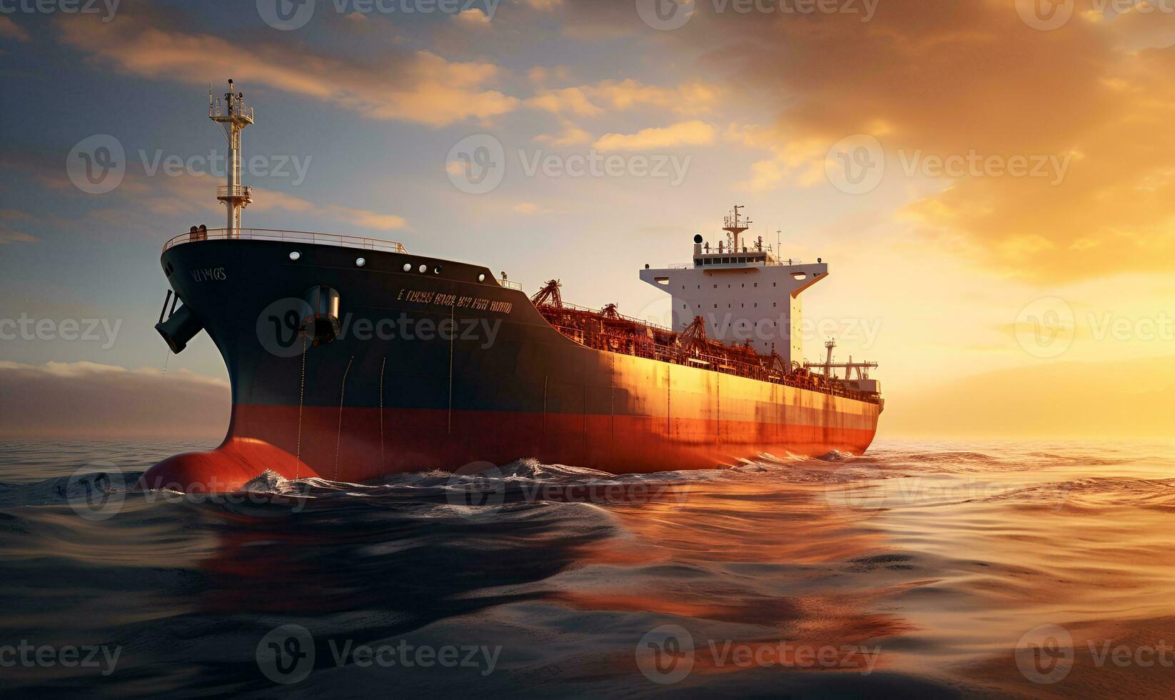 Öl Tanker im das Mitte von das Meer beim Sonnenuntergang, ai generativ foto