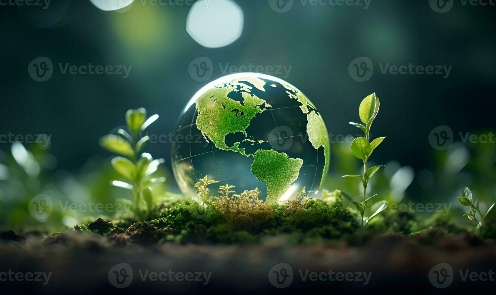 Glas Ball von Erde und Pflanzen auf das Boden, generativ ai foto