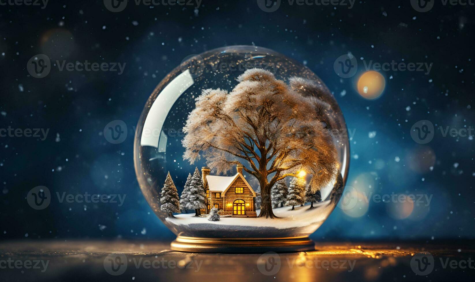 Schneefall Haus und Baum Innerhalb Glas Ball, ai generativ foto