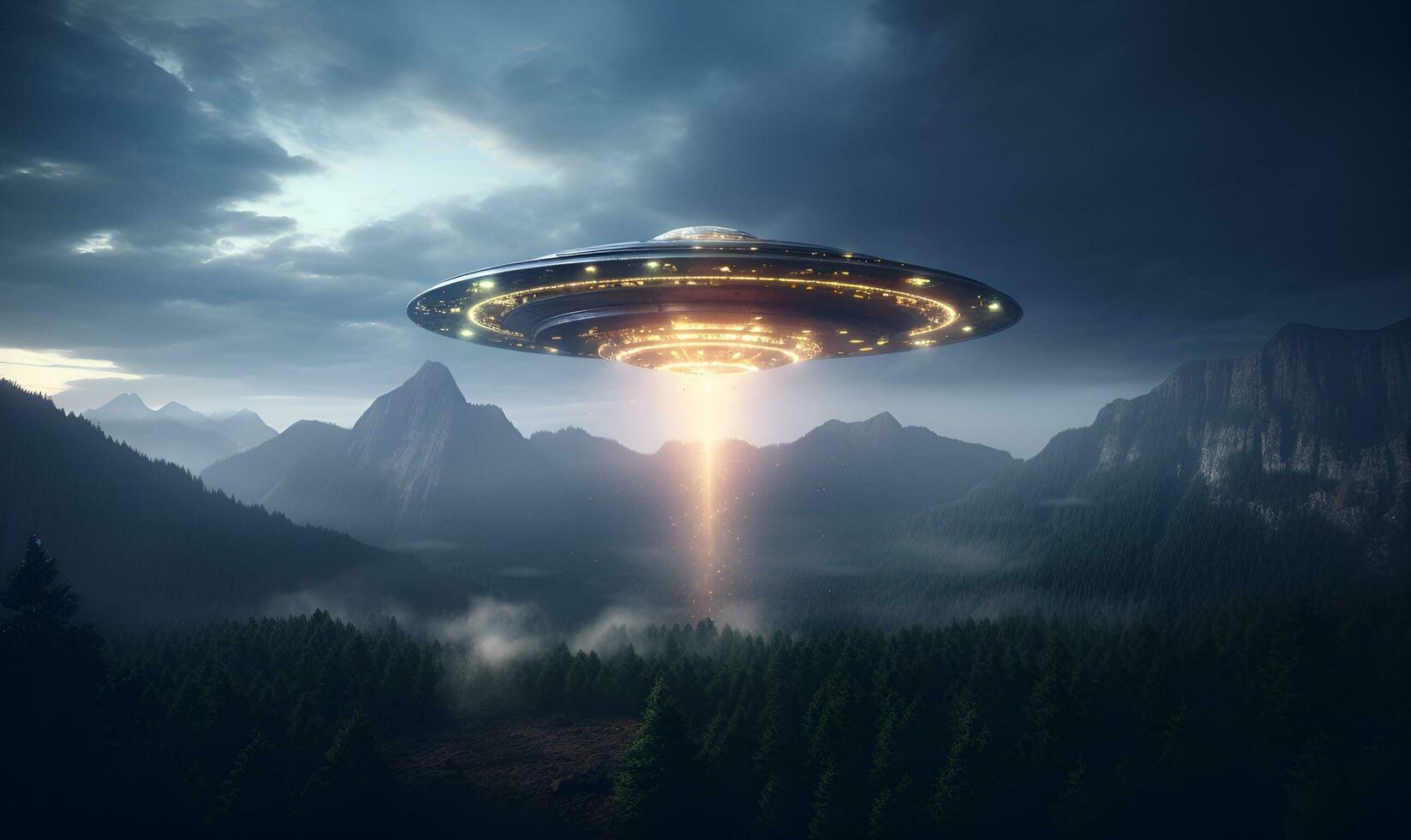 UFO mit erheben Strahl im Wald, ai generativ foto