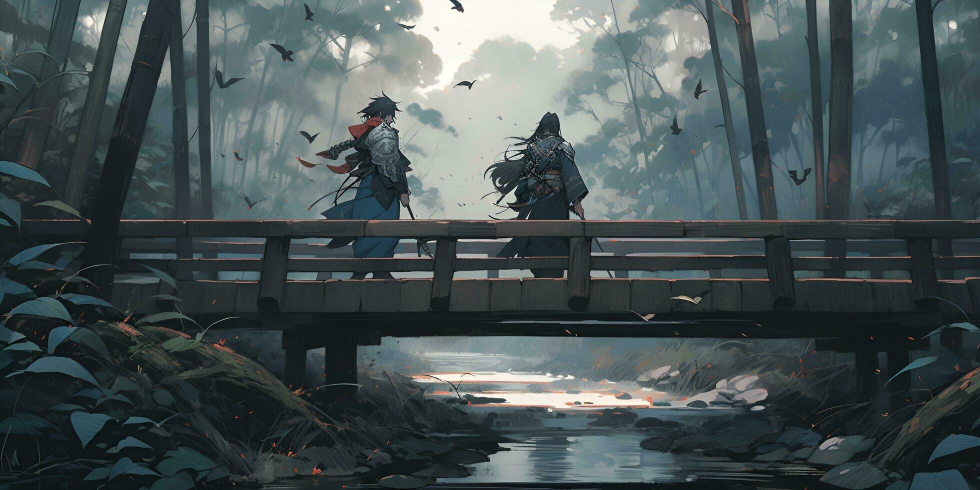 Gemälde von zwei Samurai Kampf auf ein Brücke, ai generativ foto