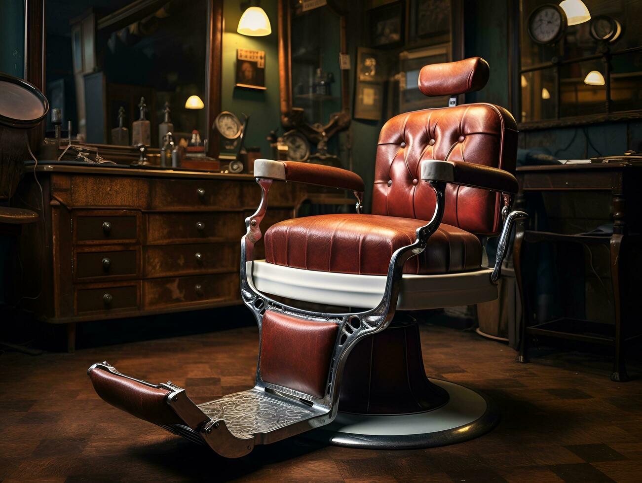 Barbier Geschäft Stuhl klassisch retro Jahrgang, ai generativ foto