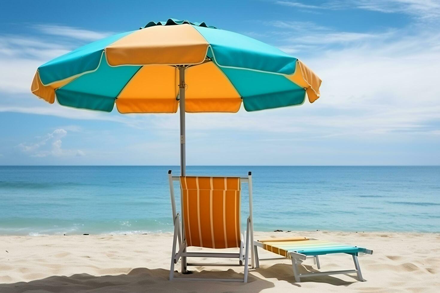 Strand Stühle Regenschirme und Kokosnuss Bäume ai generativ foto