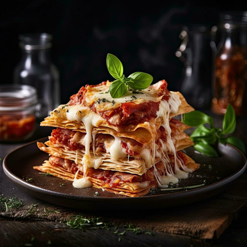 Pizza Napoleon ,Italienisch Essen auf ein dunkel rustikal Hintergrund, generativ ai. foto