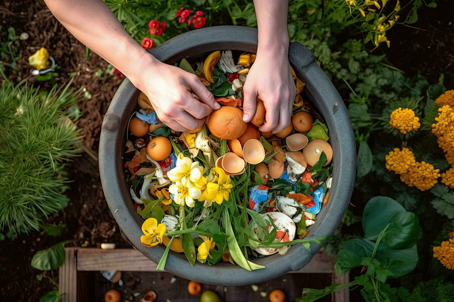 oben Aussicht von Kompostierung Essen Abfall im Hinterhof Kompost Behälter Garten , generativ ai. foto