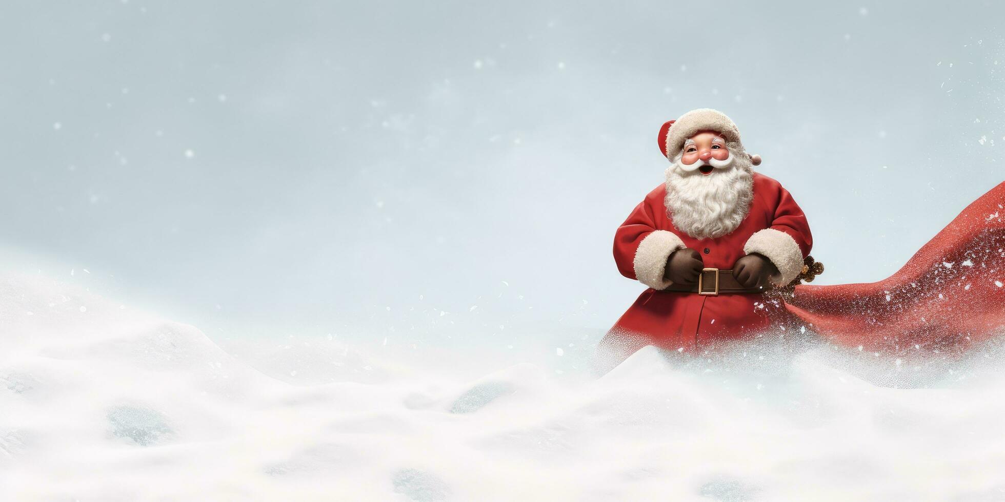 glücklich Santa claus auf ein rot Banner , im das Schnee mit Raum zum Copyspace ,generativ ai. foto