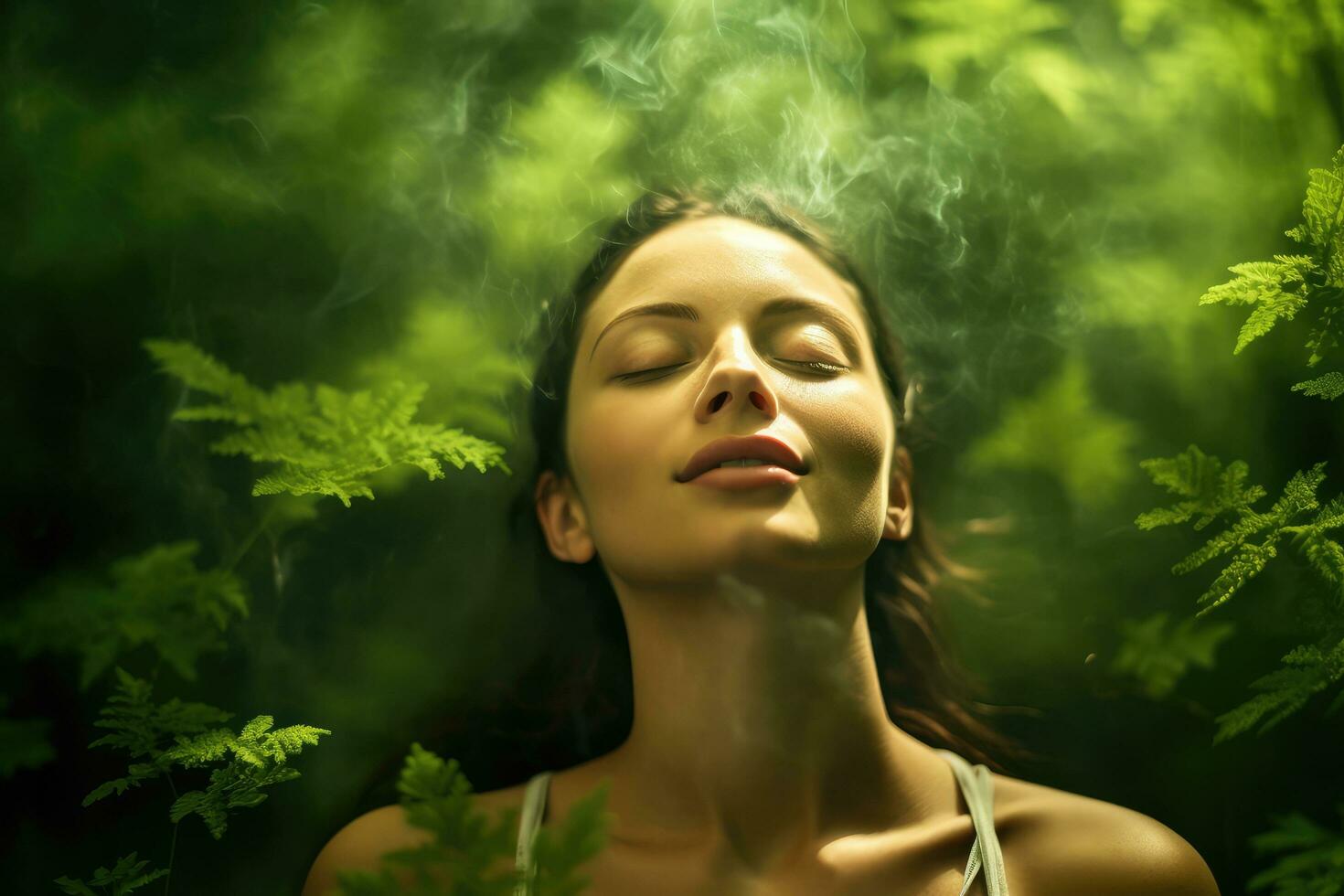 schließen oben Gesicht Frau mit Augen geschlossen auf Hintergrund von Grün Blätter Wand., entspannt und zuversichtlich, generativ ai. foto