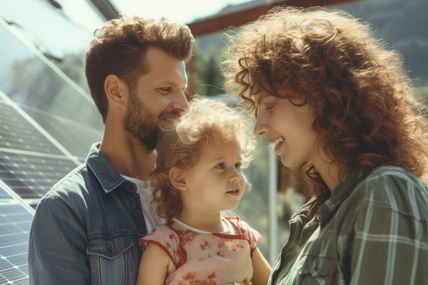 ein Familie mit Solar- Panel auf ein sonnig Tag, Grün Alternative Energie Konzept, generativ ai. foto