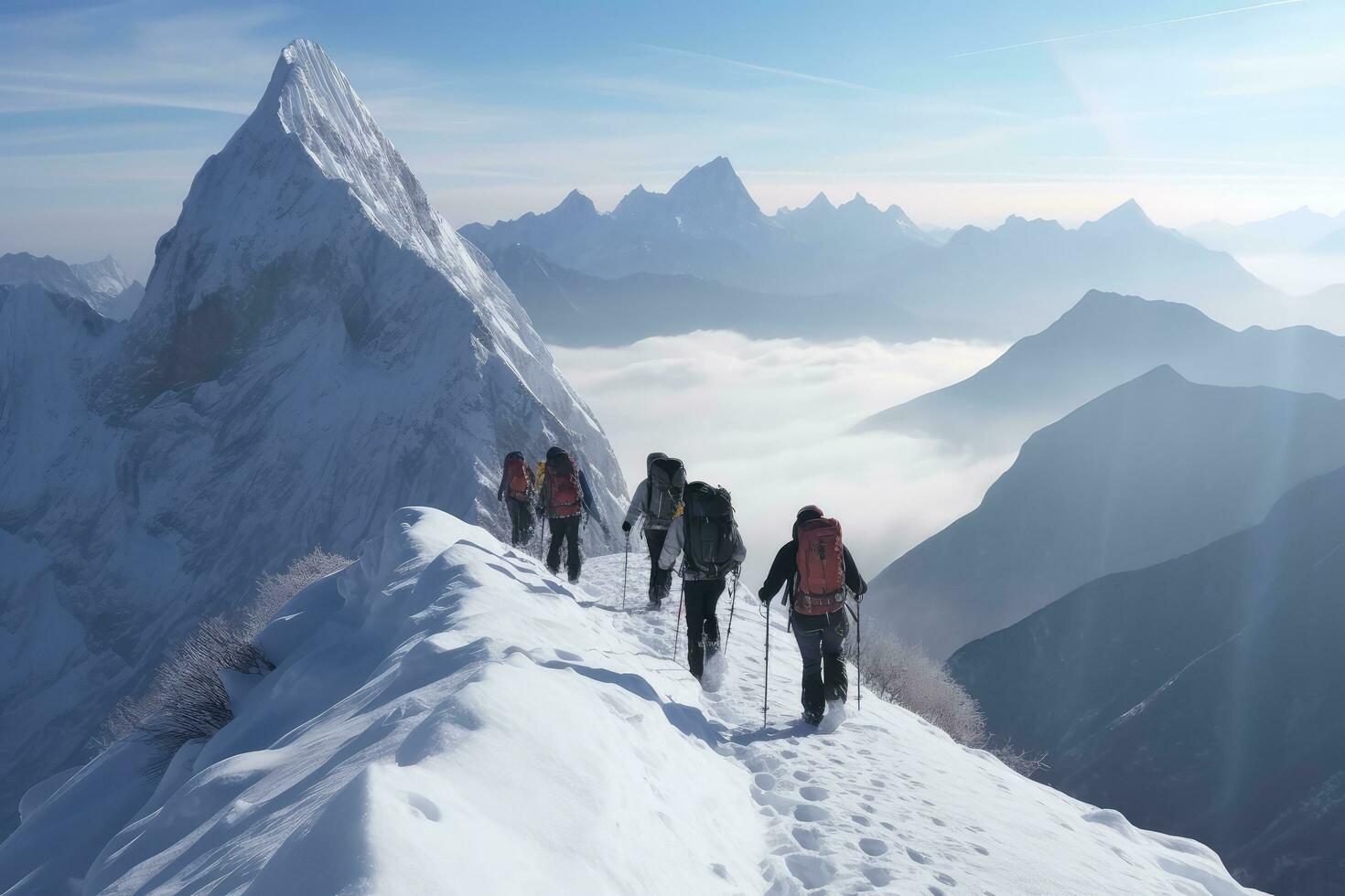 ein Gruppe von Kletterer steigen das Berge im Winter ,generativ ai foto