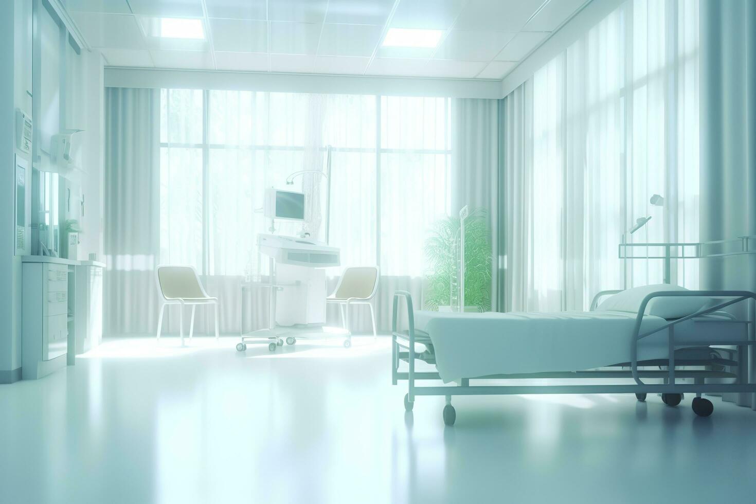 Ideal Gesundheitswesen Hintergrund mit Surrealist verschwommen Krankenhaus Szene. ai generativ foto