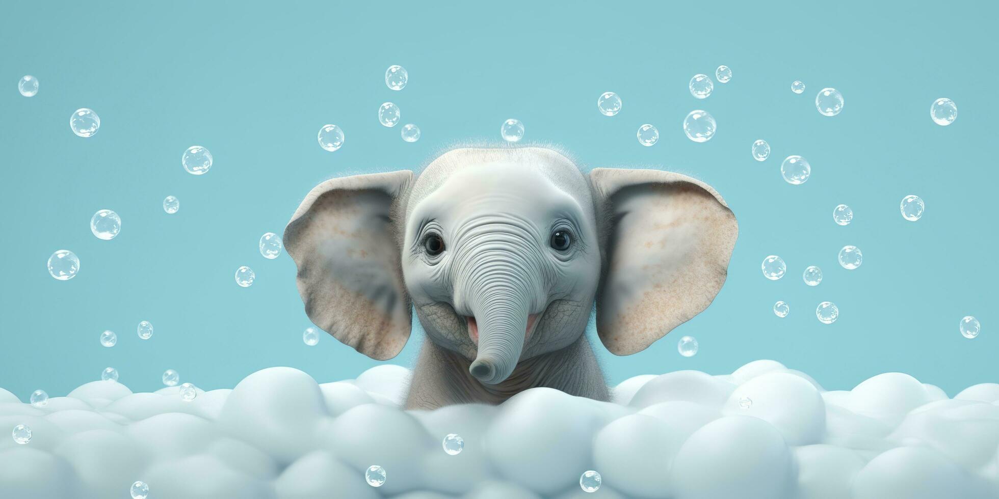 minimalistisch Albino Elefant im ein Badewanne von Seife Luftblasen gegen ein cyan Hintergrund. ai generativ foto