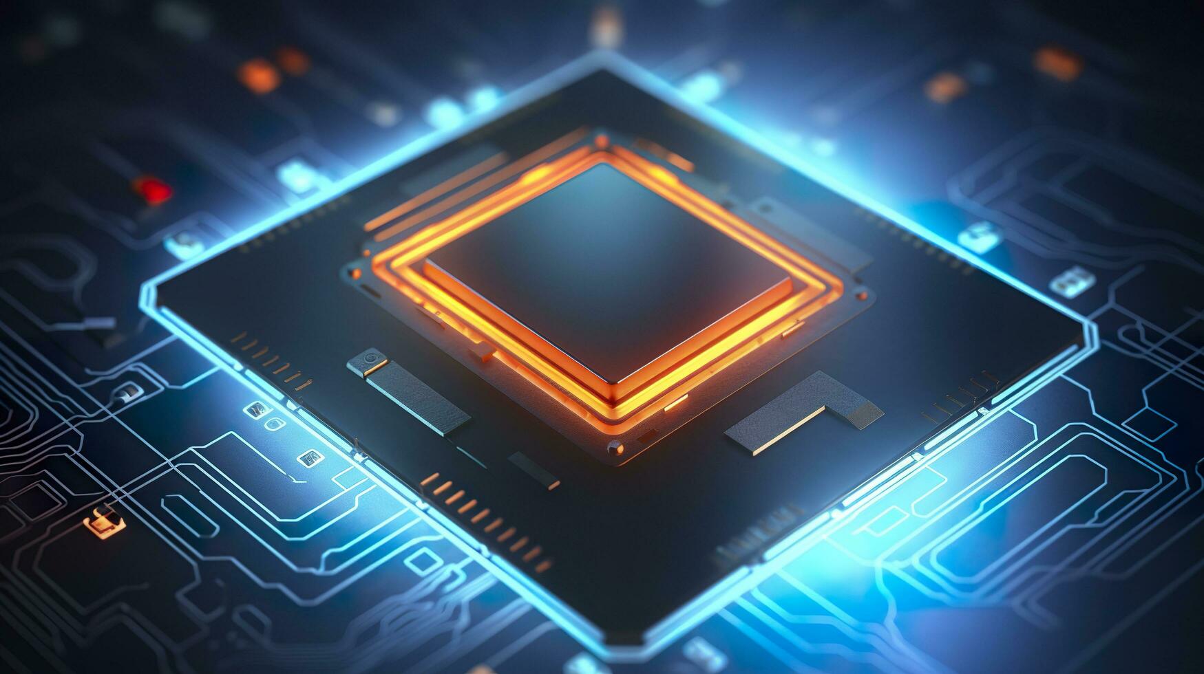 oben Aussicht von ein Chip mit glühend Licht und Nebel im Orange und Blau. ai generativ foto