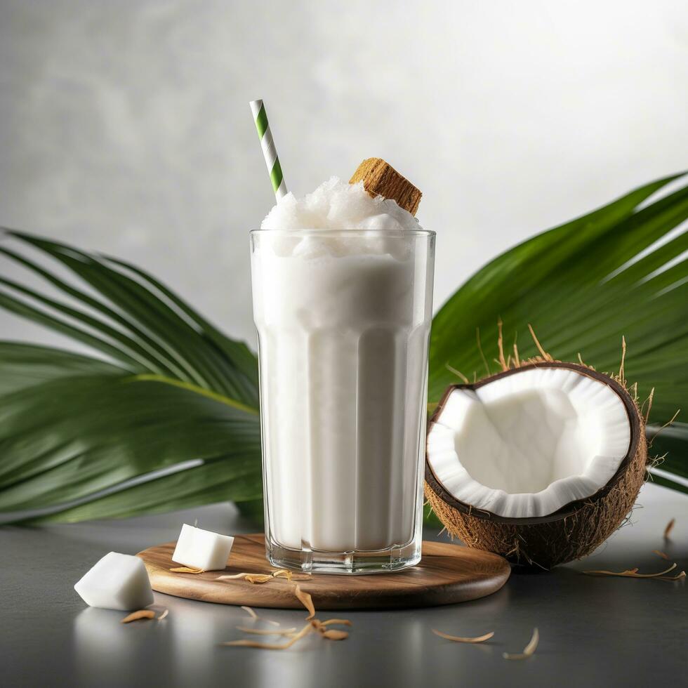 Kokosnuss Milch Shake Glas mit frisch geschnitten Kokosnuss. generativ ai foto